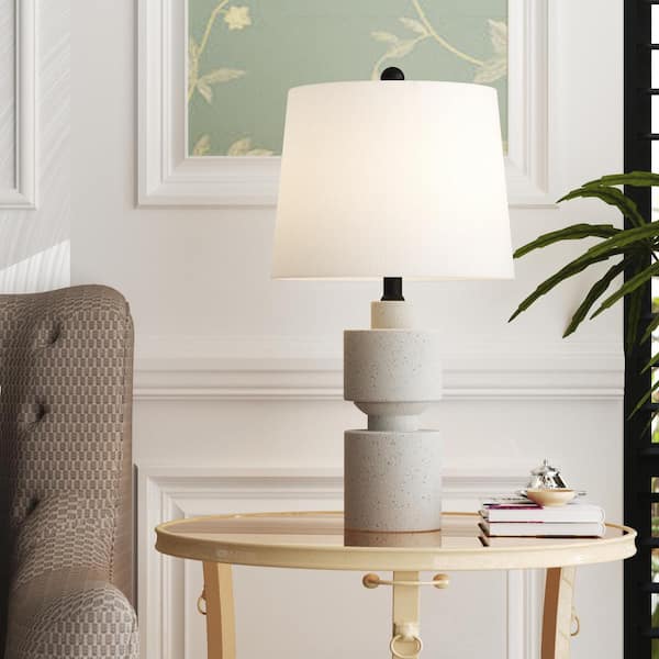 Salem 25 in. Light Beige Resin Table Lamp with White Linen Lampshade.