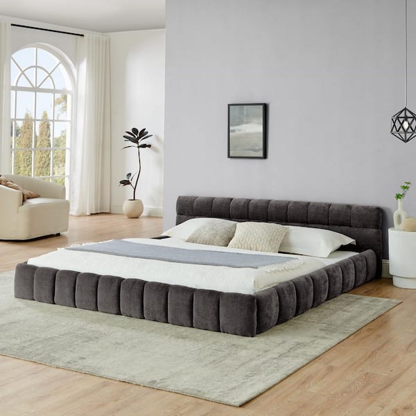 Oprah Dark Gray Wood Frame King Size Chenille Fabric Upholstered Platform Bed with Headboard and Solid Frame