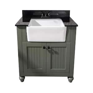 31 in. W Vanity in Pewter Green with Marble Vanity Top in Black with White Basin