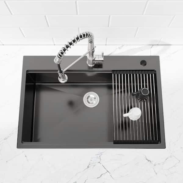 36 in. x 19 in. Handcrafted Undermount Single Bowl Kitchen Sink with Workstation Accessories in Black Stainless Steel