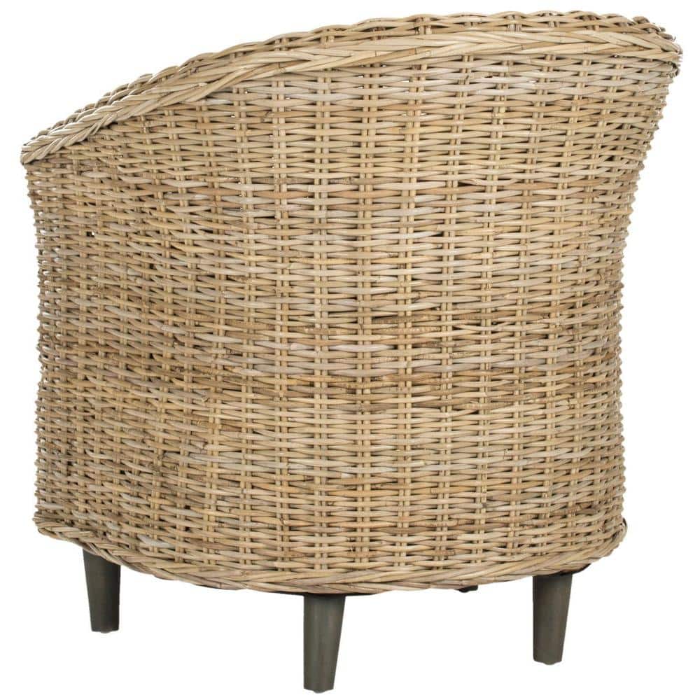 Natural Unfinished Rattan Barrel Accent Chair with White Cushion