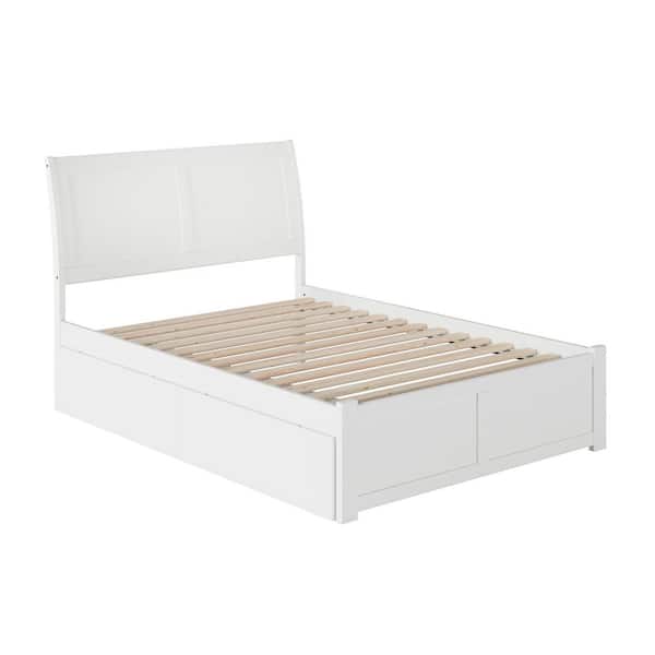 Portland White Full Solid Wood Storage Platform Bed with Flat Panel Foot Board and 2 Bed Drawers