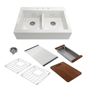 Nuova White Fireclay 34 in. Double Bowl Farmhouse Apron Front Kitchen Sink with Protective Grids Strainers Cutting Board