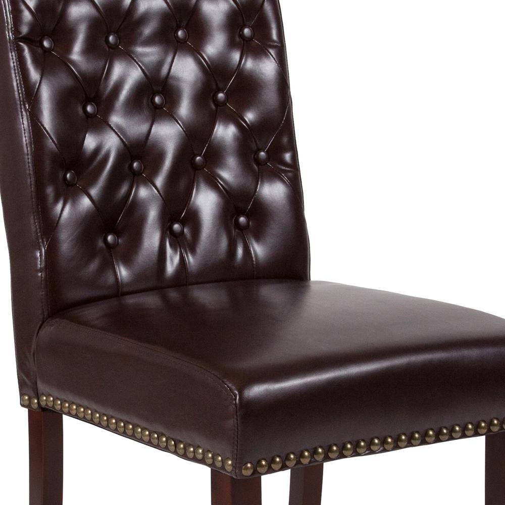 Brown Leather Parsons Side Chair with Walnut Finish