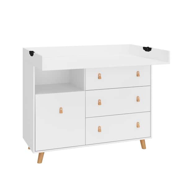 FUFU&GAGA White 4-Drawer 45 in. Width Wooden Stylish Kids Low Dresser, Chest of Drawers, Storage Cabinet with Open Shelf