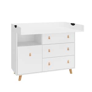 White 4-Drawer 45 in. Width Wooden Stylish Kids Low Dresser, Chest of Drawers, Storage Cabinet with Open Shelf