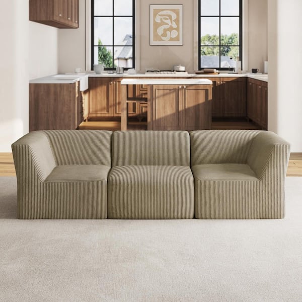 106.15 in. Modern Square Arm Corduroy Upholstered Rectangle 3-Seater Sofa in Khaki