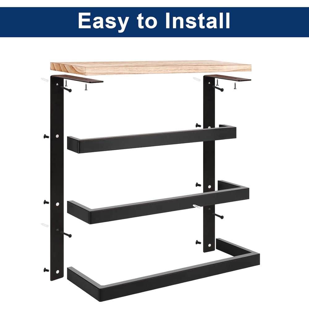 Matte Black Wall Mounted 3-Tier Towel Rack with Wood Shelf