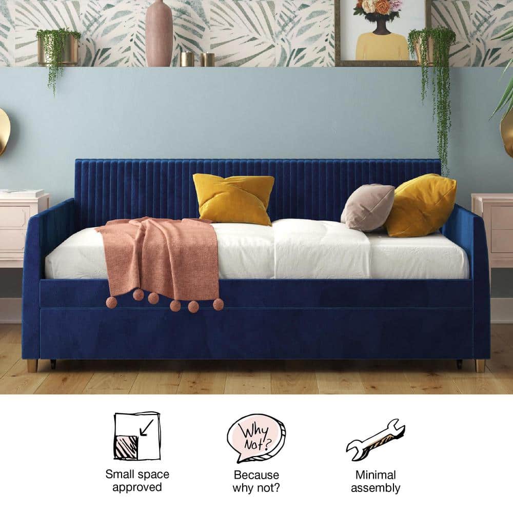 Twin Blue Velvet Upholstered Daybed with Trundle and Tufted Headboard