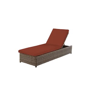 Fernlake Brown Wicker Outdoor Patio Chaise Lounge with CushionGuard Quarry Red Cushions