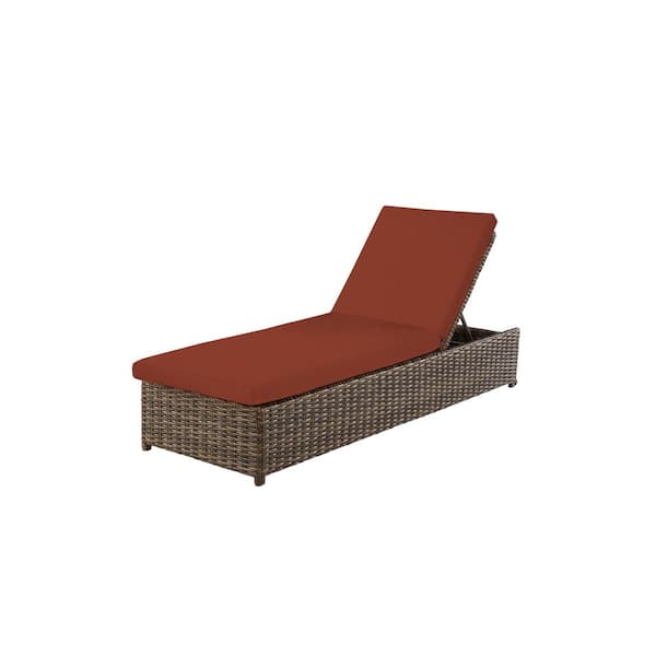 Hampton Bay Fernlake Brown Wicker Outdoor Patio Chaise Lounge with CushionGuard Quarry Red Cushions
