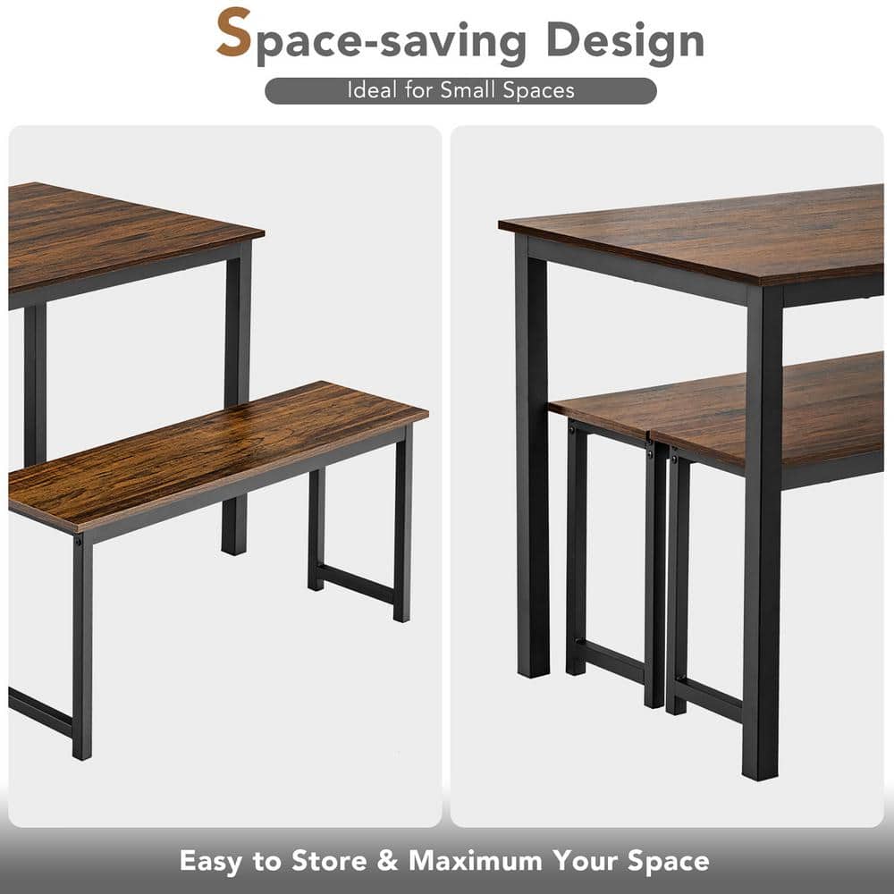 Modern Studio 3-Piece Coffee Dining Table Set with 2 Benches