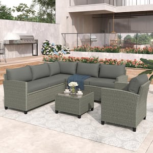 5-Piece Wicker Patio Conversation Set with Grey Cushions, Coffee Table and Single Chair
