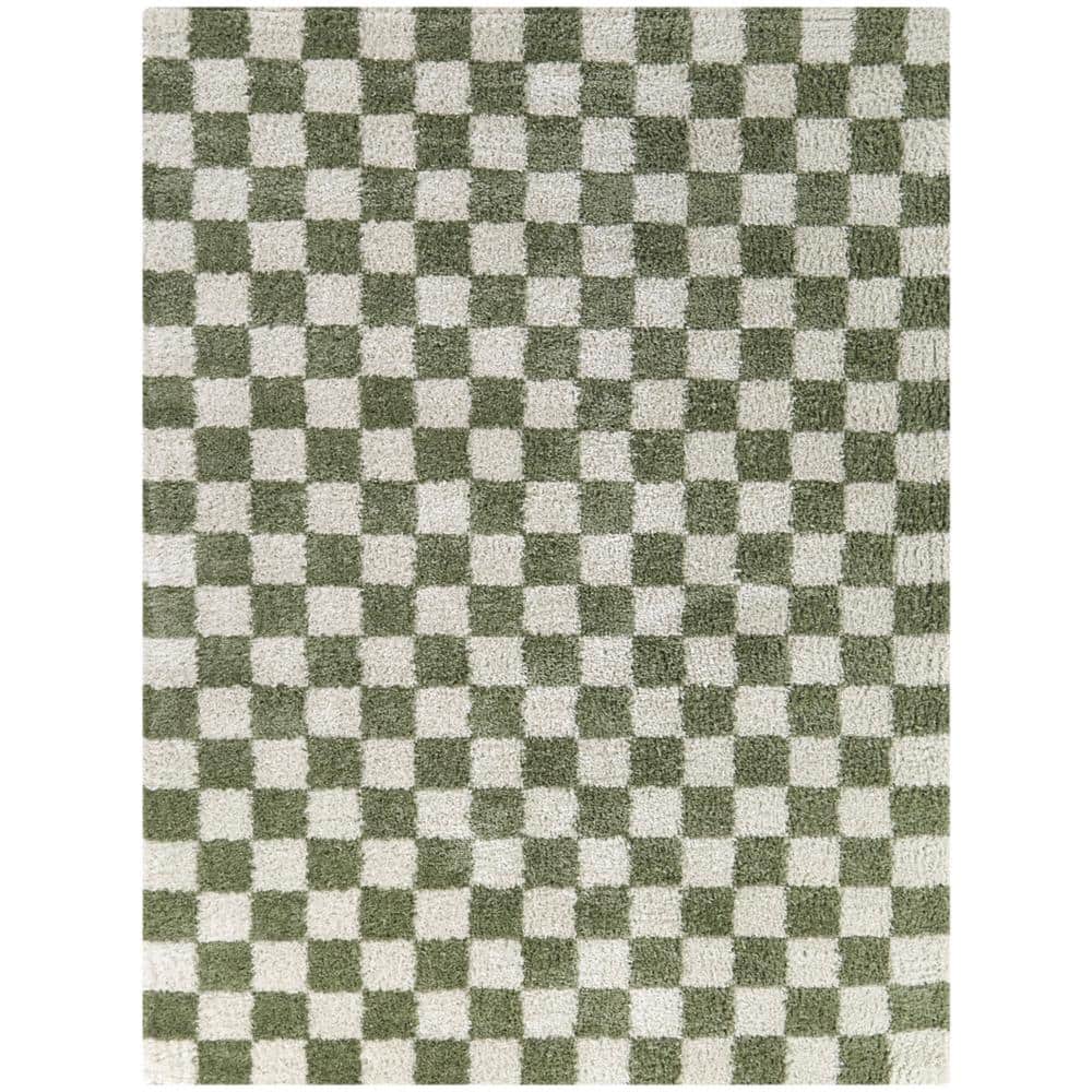 Green and White Checkered Synthetic Kids' Area Rug 8' x 10'