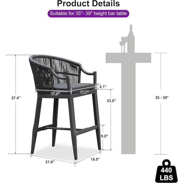 Modern Boho Metal Counter Height Rattan Outdoor Bar Stool Chairs with Ergonomic Armrest and Cushion, Gray(2 Pack)