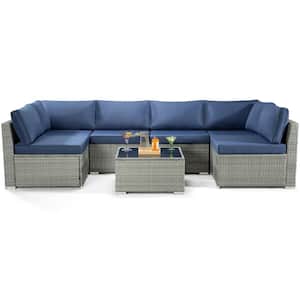 Gray 7-Piece Wicker Outdoor Patio Conversation Set with Blue Cushions