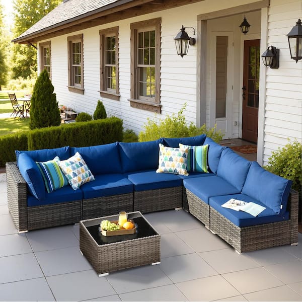 OVIOS HOPPISH Gray 7-Piece Wicker Patio Conversation Set with Navy Blue Cushions