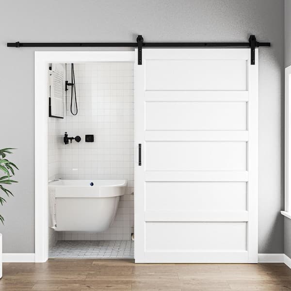 48 in. x 84 in. 5 Panel White MDF PVC Prefinished Sliding Barn Door with Hardware Kit and Soft Close for Bathroom