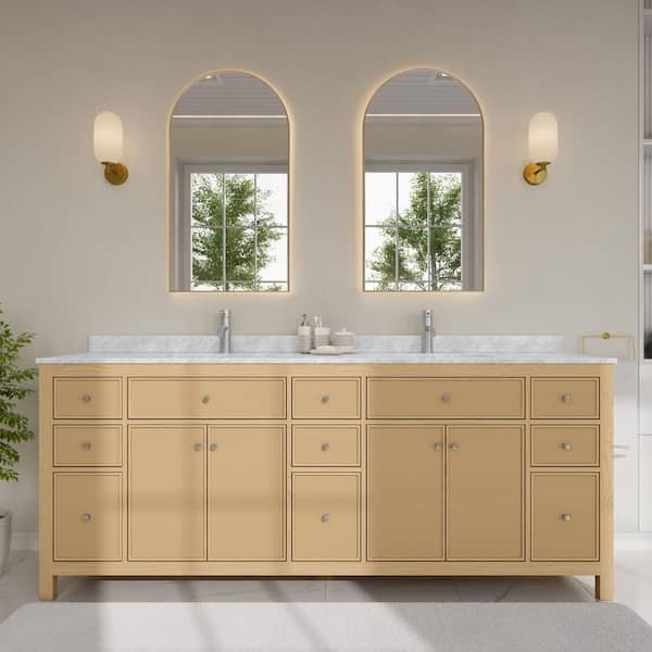 Pendry 84 in. Double Freestanding Tanned Oak Bath Vanity with White Carrara Marble Top
