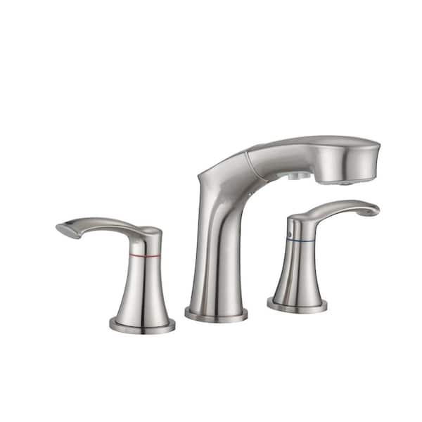 Unbranded Deck Mount Double Handles Bathroom Faucet, 8 in. Widespread 3 Hole Bathroom Faucet with Pull Sprayer in Brushed Nickel