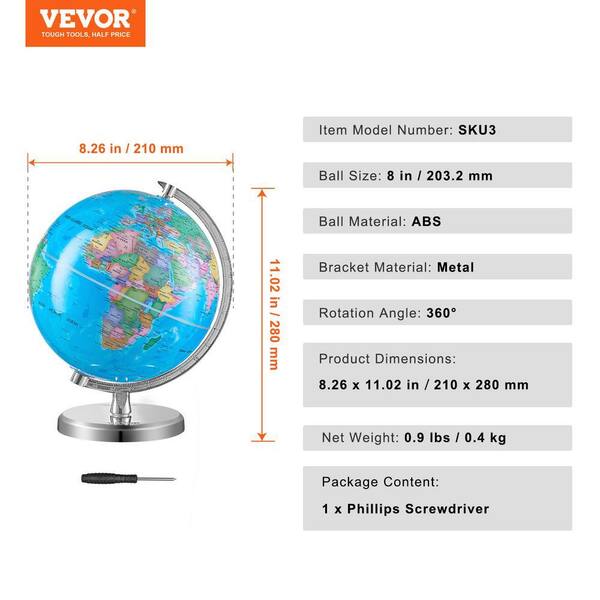 VEVOR Rotating World Globe with Stand 11.02 in. x 8 in. 203.2 mm