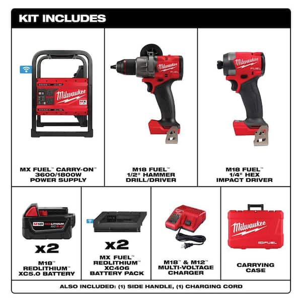 MX FUEL 3600-Watt/1800-Watt Lithium-Ion Battery Powered Push Start Portable Power Station w/FUEL M18 Hammer Drill/Impact