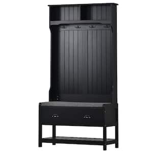 33.5 in. W x 16.5 in. D x 68.9 in. H Black Wood Linen Cabinet with Hall Tree, Entryway Bench, Hooks and Drawers