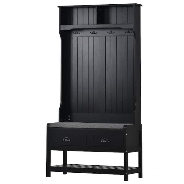 Unbranded 33.5 in. W x 16.5 in. D x 68.9 in. H Black Wood Linen Cabinet with Hall Tree, Entryway Bench, Hooks and Drawers