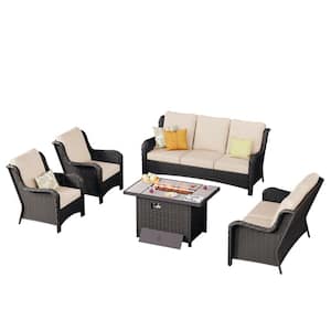 Joyoung Brown 5-Piece Wicker Patio Rectangle Fire Pit Conversation Seating Set with Beige Cushions