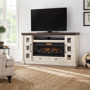 Cecily 72 in. Freestanding Electric Fireplace TV Stand in Antique White with Warm Charcoal Top Finish