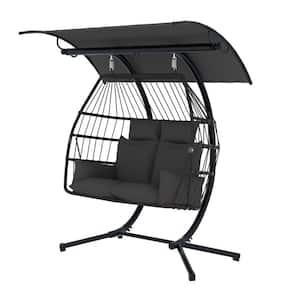 5.7 ft. X 3.7 ft. Base Free Standing 2-Person Hammock Chair Hanging Egg Chair with Stand, Awning and Cushions, Gray