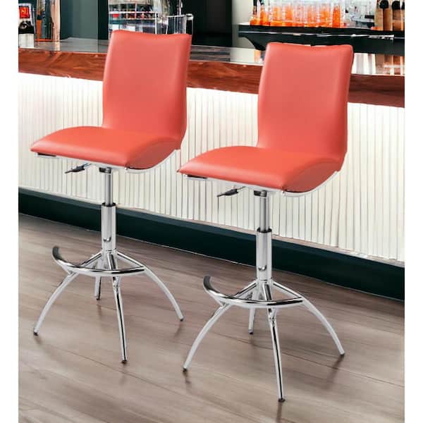 26 in. Orange Low Back Metal Adjustable Height Bar Chair with Faux Leather Seat Set of 2