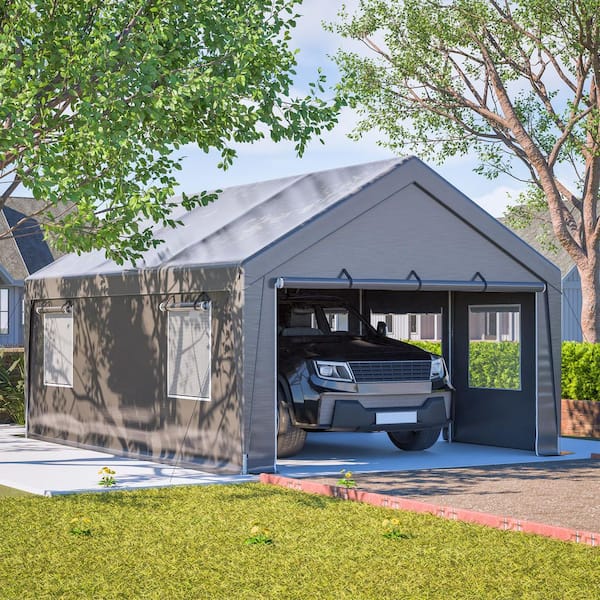 13 ft. W x 20 ft. D Outdoor Gray Roof Canopy Tent Portable Steel Carport with Removable Sidewalls and Roll-Up Door