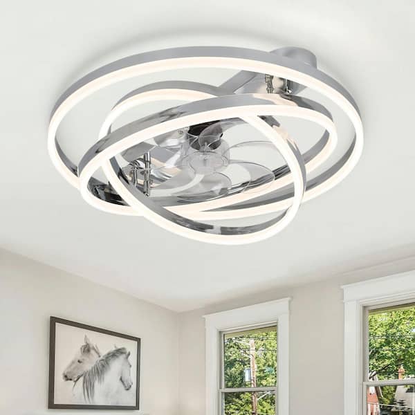 Bella Depot 24 in. LED Indoor Chrome Low Profile Dimmable Ceiling Fan Flush Mount Smart App Remote Control with DIY Shade
