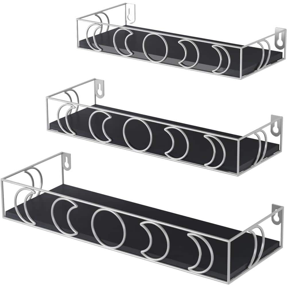 16 in. W x 5 in. D Black Silver Moon Phase Decorative Wall Shelf (Set of 3)