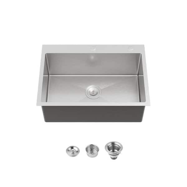 Undermount Sink 27 in. x 19 in. Single Bowl 20-Gauge Stainless Steel Handmade Sink in Dark Gray, with Drain and Hook