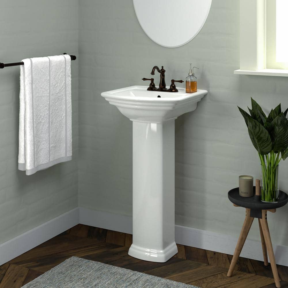 White Vitreous China Rectangular Pedestal Sink with Overflow