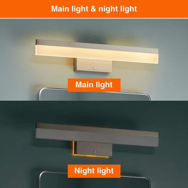 Eldridge 24 in. 1-Light Bushed Nickel LED 5CCT Vanity Light with Frosted Acrylic Shade and Sensor Operated Night Light