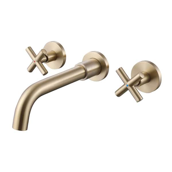 FLG Double Handle Wall Mounted Bathroom Faucet Brass Modern 3 Holes Sink Faucets in Brushed Gold (Valve Included)