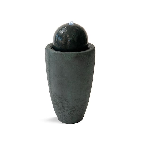 Xbrand 25.98 in. H Round Stone Indoor/Outdoor Modern Stone Textured Sphere Water Fountain w/LED Lights, Dark Green