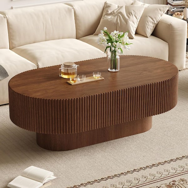 Korwyn Modern 48.4 in. Cream Style Drum Walnut Finish Oval Fluted MDF Coffee Table
