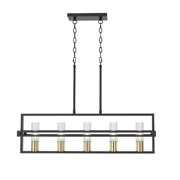 Anston 34 in. Plug and Play 5-Light Black and Plated Gold Chandelier with SkyPlug