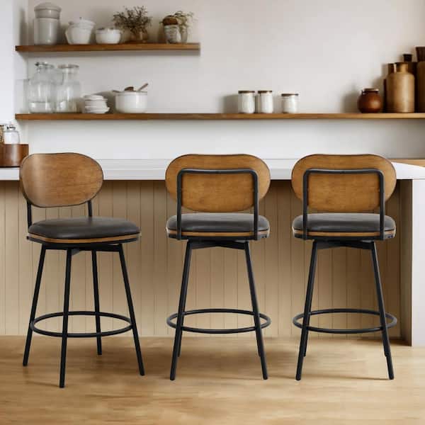 Aloysius 27 in. Dark Grey High Back Bar Stools Metal Swivel Counter Stools with Leather Seat (Set of 2)