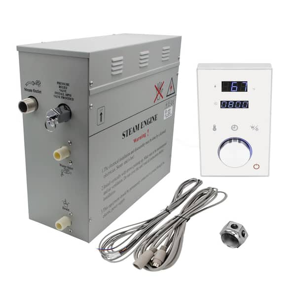 Steam Planet Superior 9kW Deluxe Self-Draining Steam Bath Generator Digital Programmable Control in White and Chrome Steam Outlet