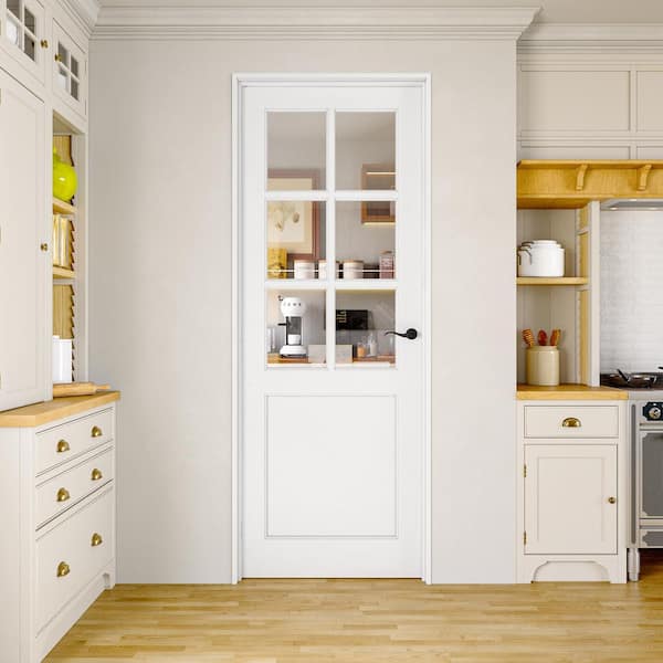 28 in. x 80 in. 6-Lite Clear Glass Left Handed White Solid Core Interior Door Kit w/ Quick Assemble Jamb