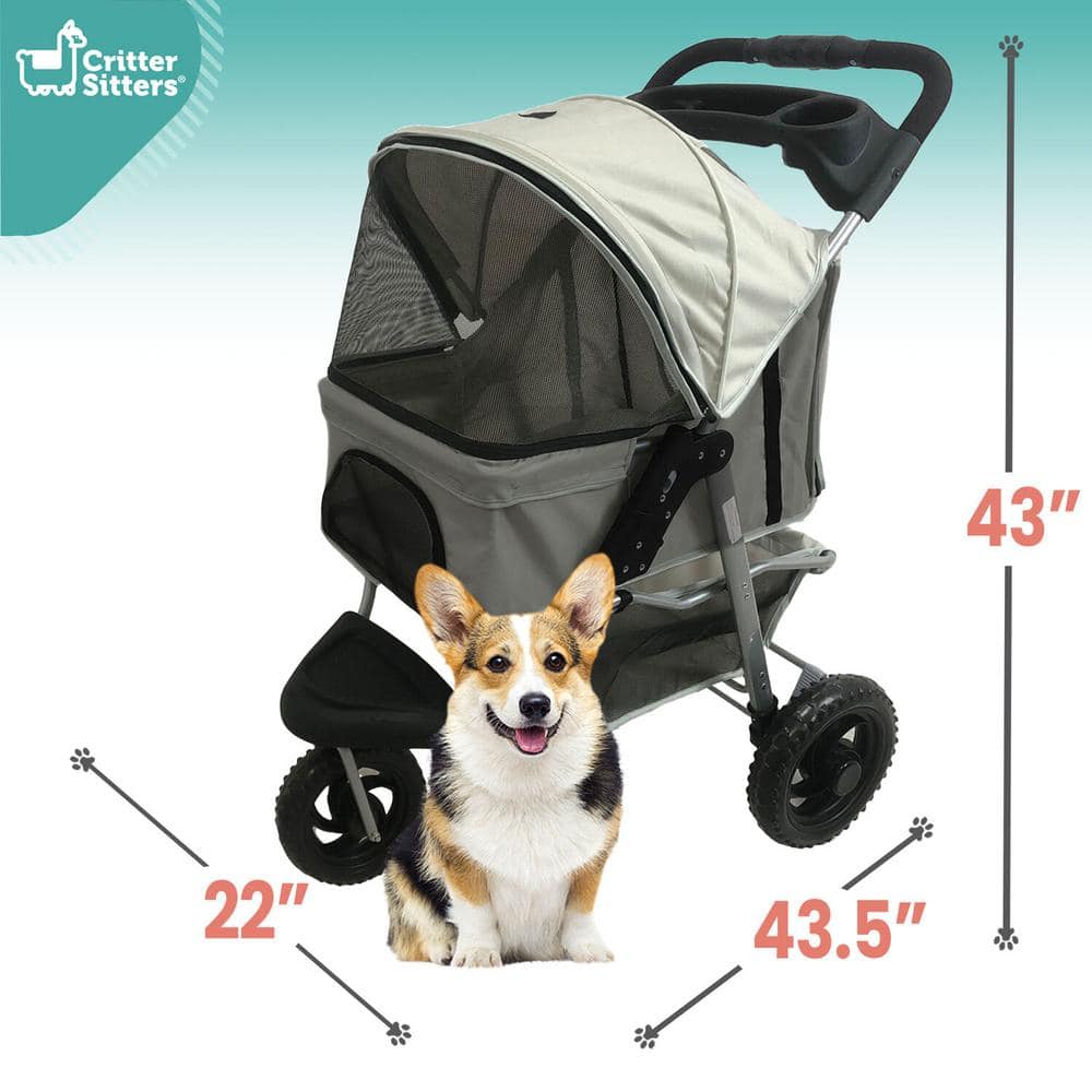 Critter Sitters Gray 3-Wheel Pet Stroller for Small to Medium Dogs