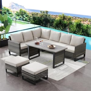 Valenta Gray 5-Piece Wicker Outdoor Dining Set with Beige Cushions