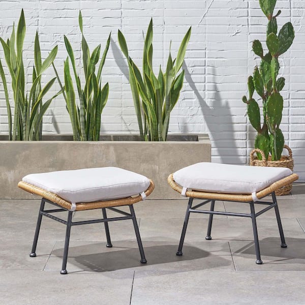 Faux Rattan Plastic Outdoor Patio Ottoman Set of 2, with Beige Waterproof Cushion, Steel Frame for Backyard, Yard, Lawn