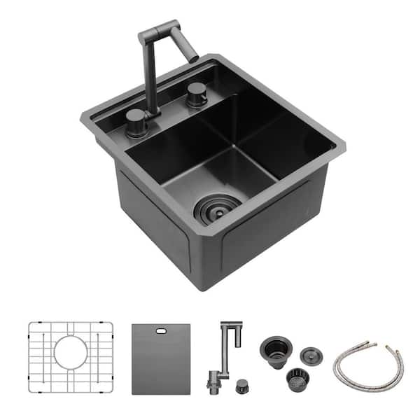 15 in. Undermount Single Bowl 16-Gauge Gunmetal Black Stainless Steel Kitchen Sink with Folding Faucet