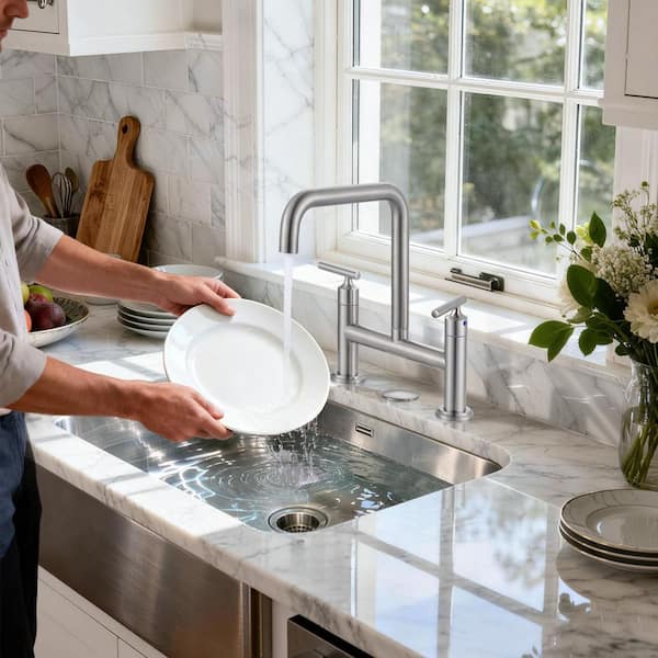 Modern Double Handle High Arc Solid Brass Bridge Kitchen Faucet in Brushed Nickel